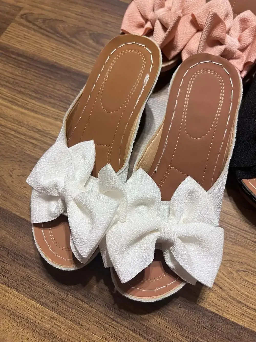 Lot of 3 Pairs Women's Bowknot Embellished Wedge Slide Sandals in Pink, Black, a